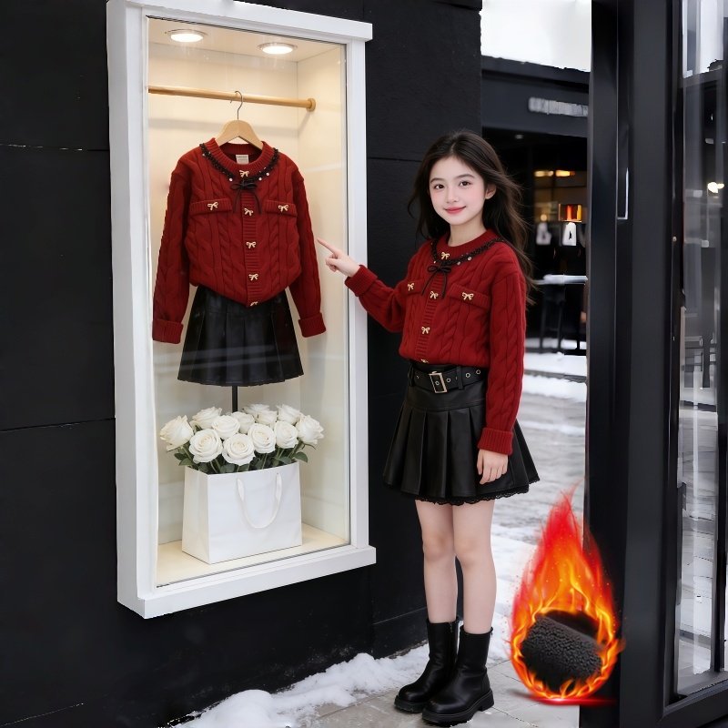 女童毛衣加绒秋冬款2026新款中大童红色亮片毛衣皮裙套装