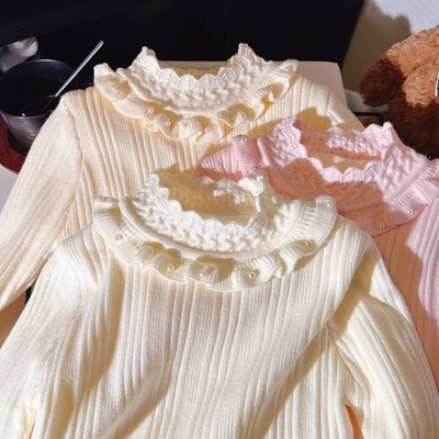 女童毛衣加绒加厚珍珠领秋冬款2025新款女童半高领毛衣打底衫双层