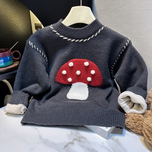女童毛衣加绒加厚秋冬款2025新款中大童加德绒蘑菇毛衫外套洋气