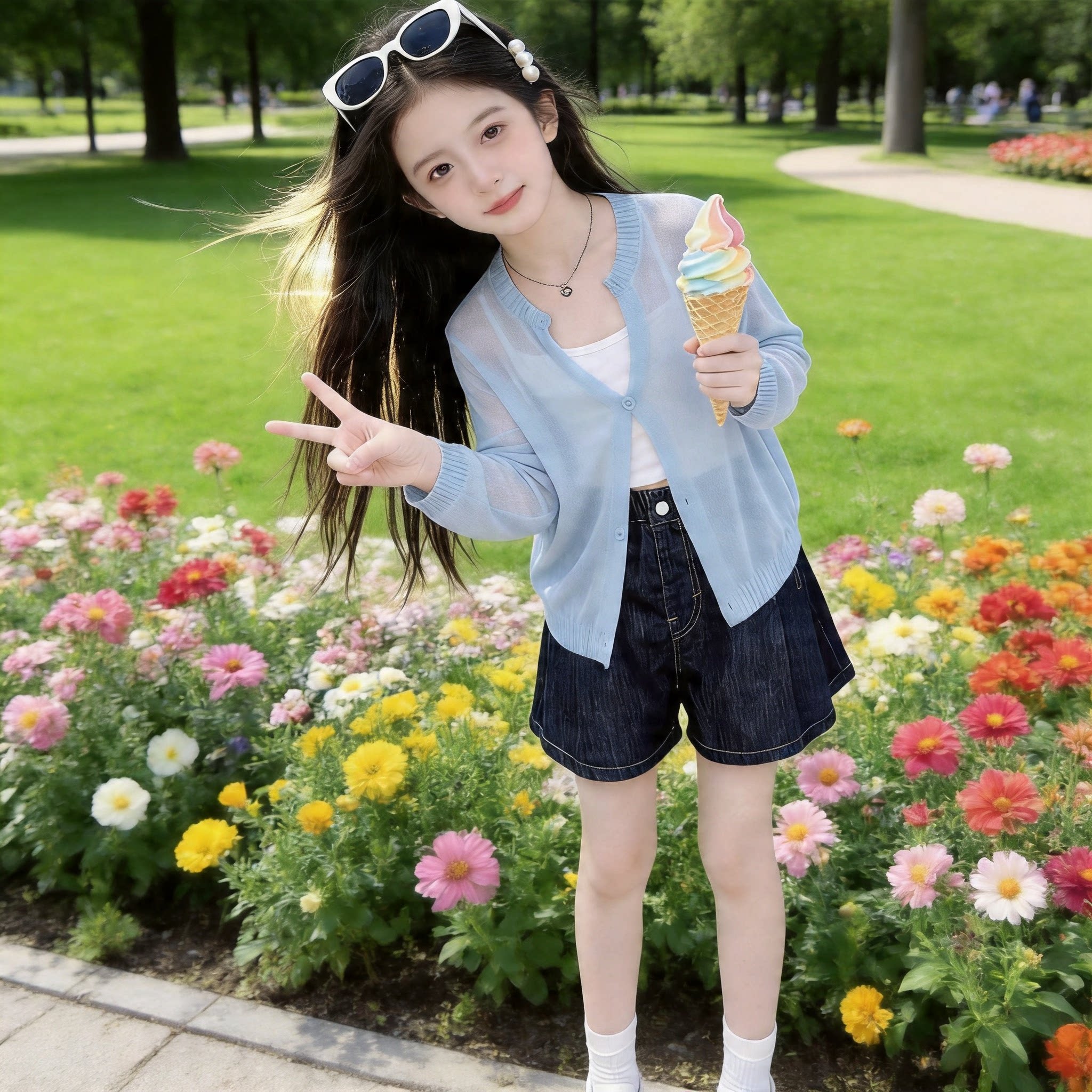 女童冰感纤维防晒衣开衫外套夏季薄款针织中大童牛仔短裤套装图片