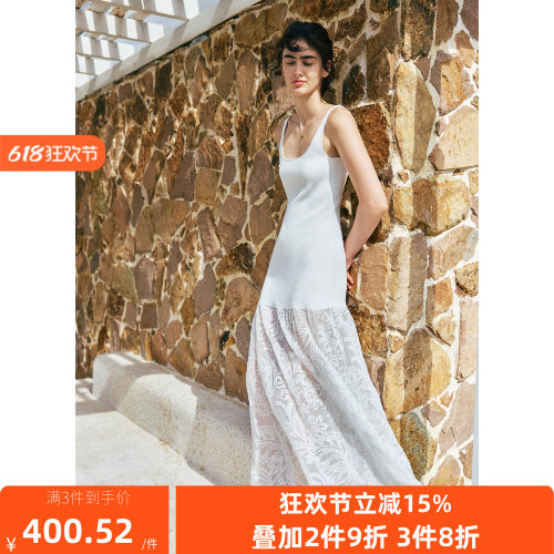 bec【耗时200分钟】重工镂空钩花 方领无袖蕾丝拼接背心连衣裙