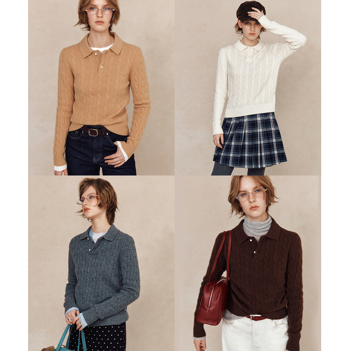 老钱风POLO领立体针织绞花毛衣女