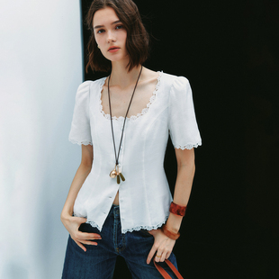 复古蕾丝拼接系带收腰衬衫 法式 1OO%亚麻 衬衣女 宫廷小蛮腰