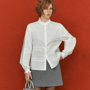 【日常点睛之笔】1OO%棉 法式木耳边领重工雕孔镂空刺绣衬衫衬衣