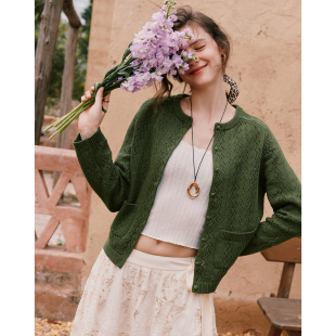 复古孤品 香型针织开衫 精美镂空钩花 田园风圆领插肩袖 女 法式