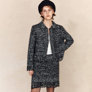 马海毛 绵羊毛 小香风翻领花边装 饰针织开衫 女 半裙套装 鼎配