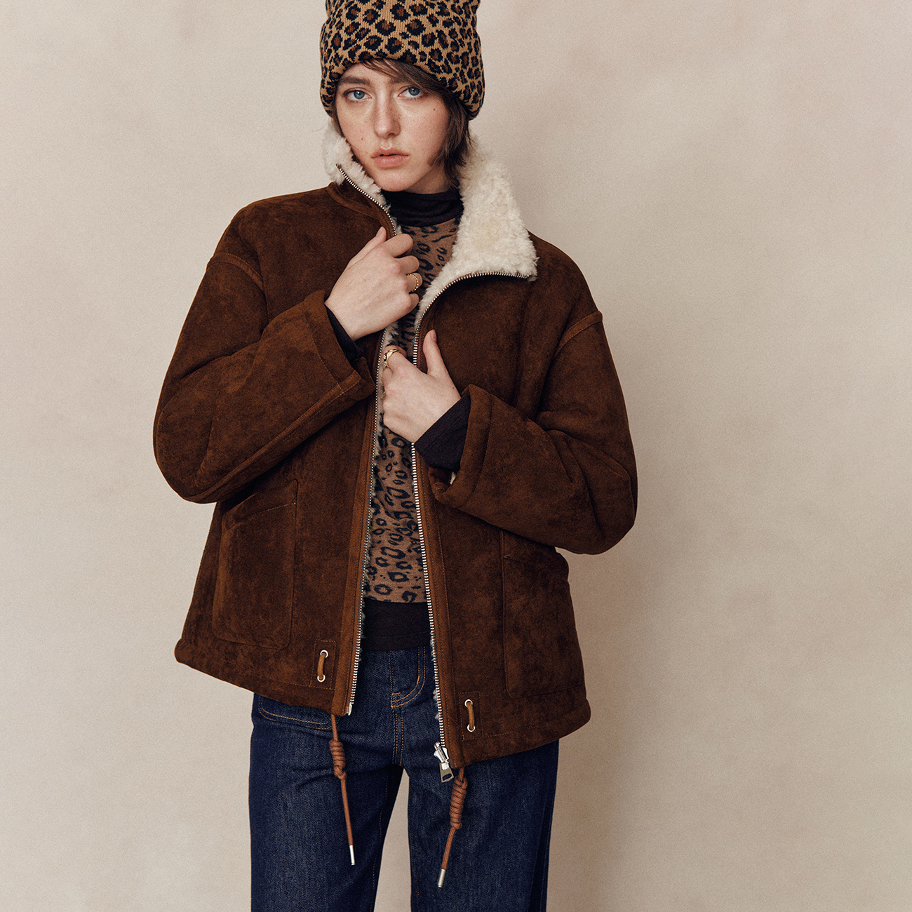 复古美拉德立领麂皮绒皮草外套