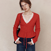 立体镂空钩花花边V领系带针织开衫 马海毛 朦胧光韵 绵羊毛