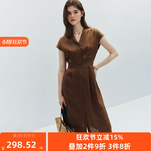 简约通勤100%亚麻及膝连衣裙