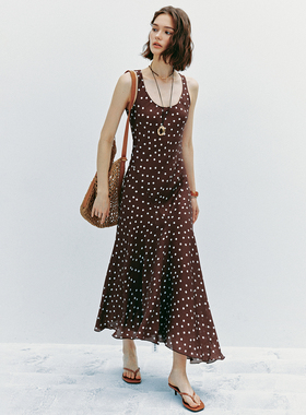 【贵雅】1OO%桑蚕丝 复古波点印花不对称下摆真丝连衣裙长裙