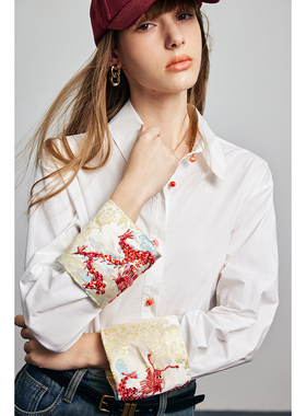 现货~龙纹重工手工钉珠 龙图腾刺绣翻领宽松廓形感府绸棉衬衫上衣