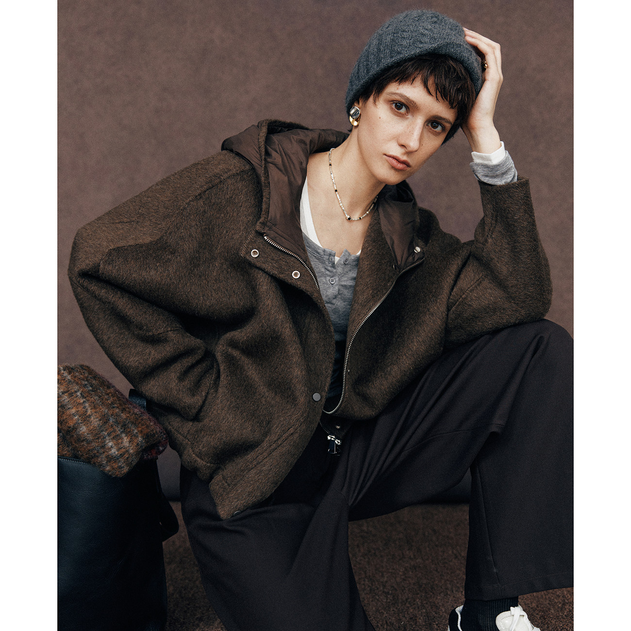 【小个子天菜】真丝牦牛绒羊毛 羽绒连帽蝙蝠袖抽绳双面呢短外套