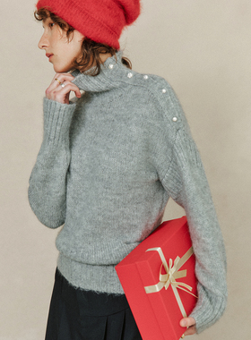 【一衣多穿】 羊驼毛+绵羊毛 珍珠扣装饰宽松落肩套头粗棒针毛衣
