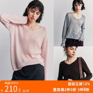 简约通勤百搭宽松V领针织衫 绵羊毛山羊绒 毛衣女 纸片人特效