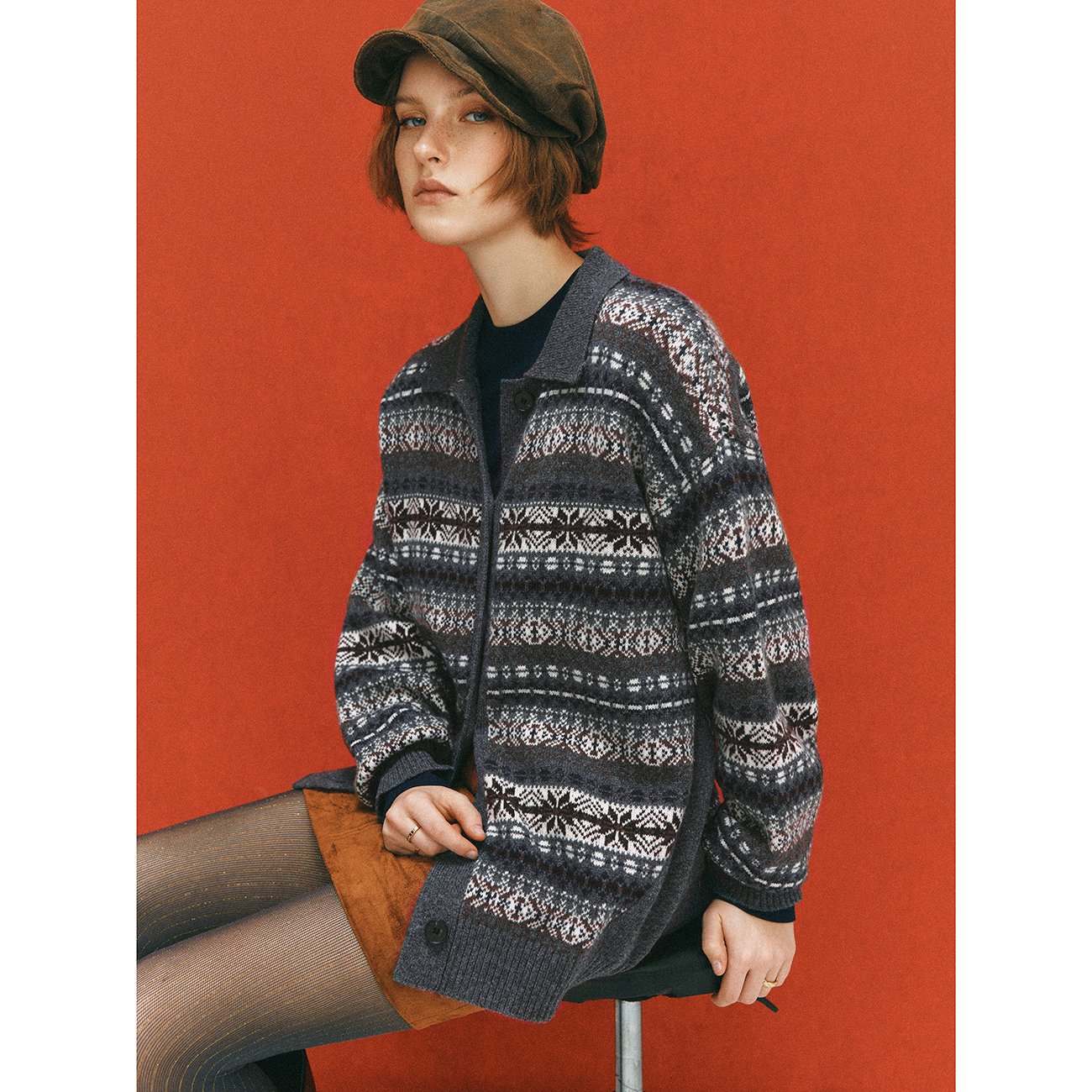 费尔岛提花POLO领针织开衫毛衣