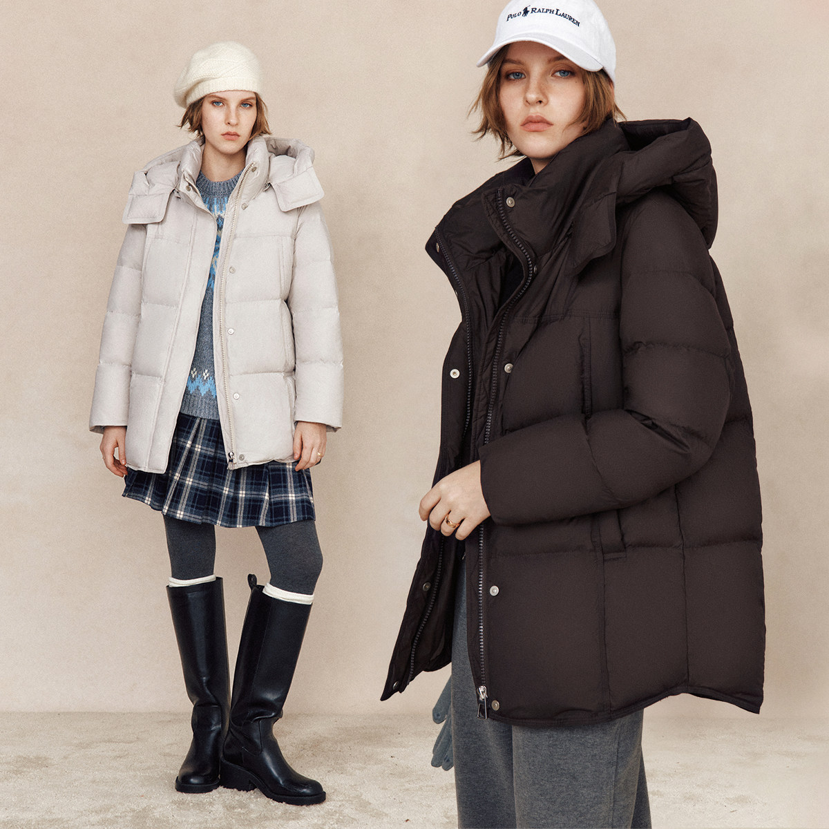 连帽方格形绗缝面包服羽绒服外套