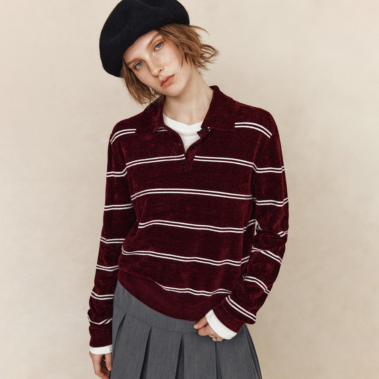 POLO领休闲风条纹针织衫上衣女