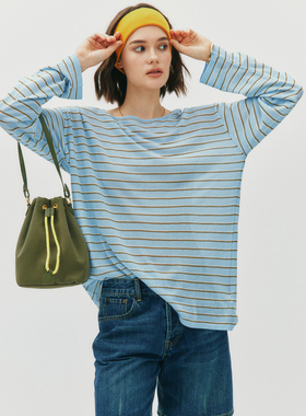 现货【轻盈透气】莱赛尔+亚麻 圆领露背系带宽松撞色条纹针织衫