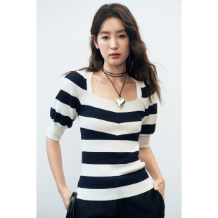 重磅真丝天丝混纺黑白条纹针织短袖 巴黎画报女主 T恤女 海魂 现货