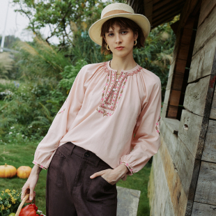 波嬉风圆V领打揽刺绣空气感衬衫 法式 定位绣花 衬衣 假日时光