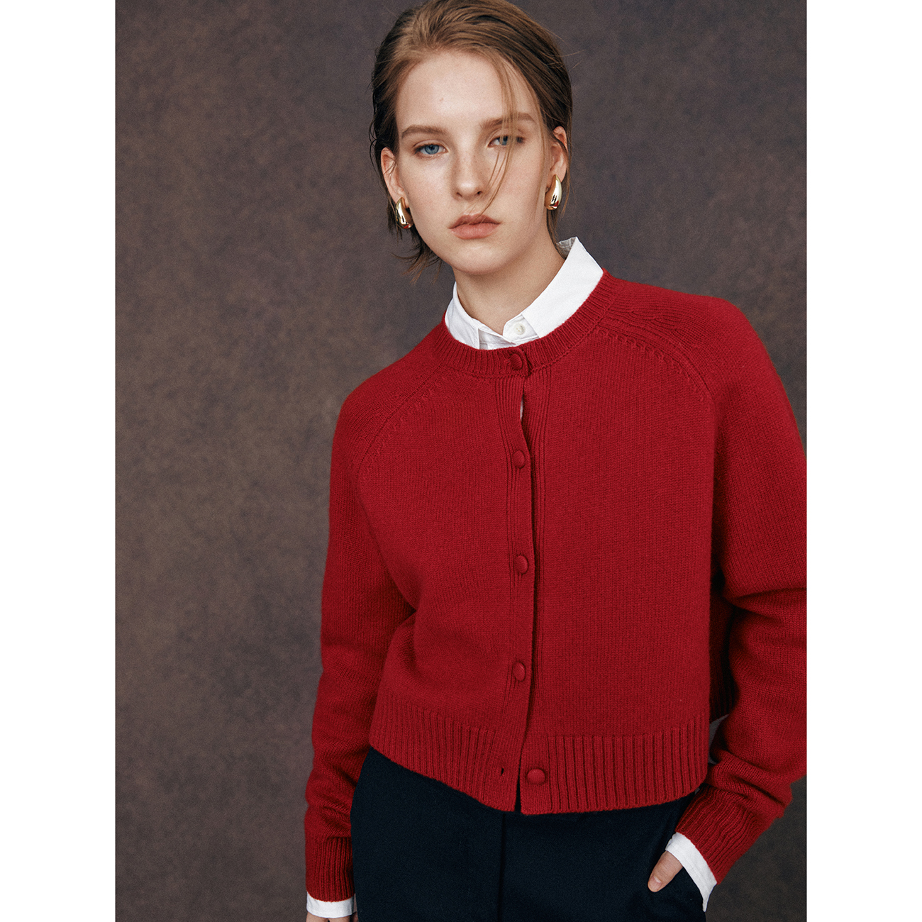 小香风圆领插肩袖短款针织开衫