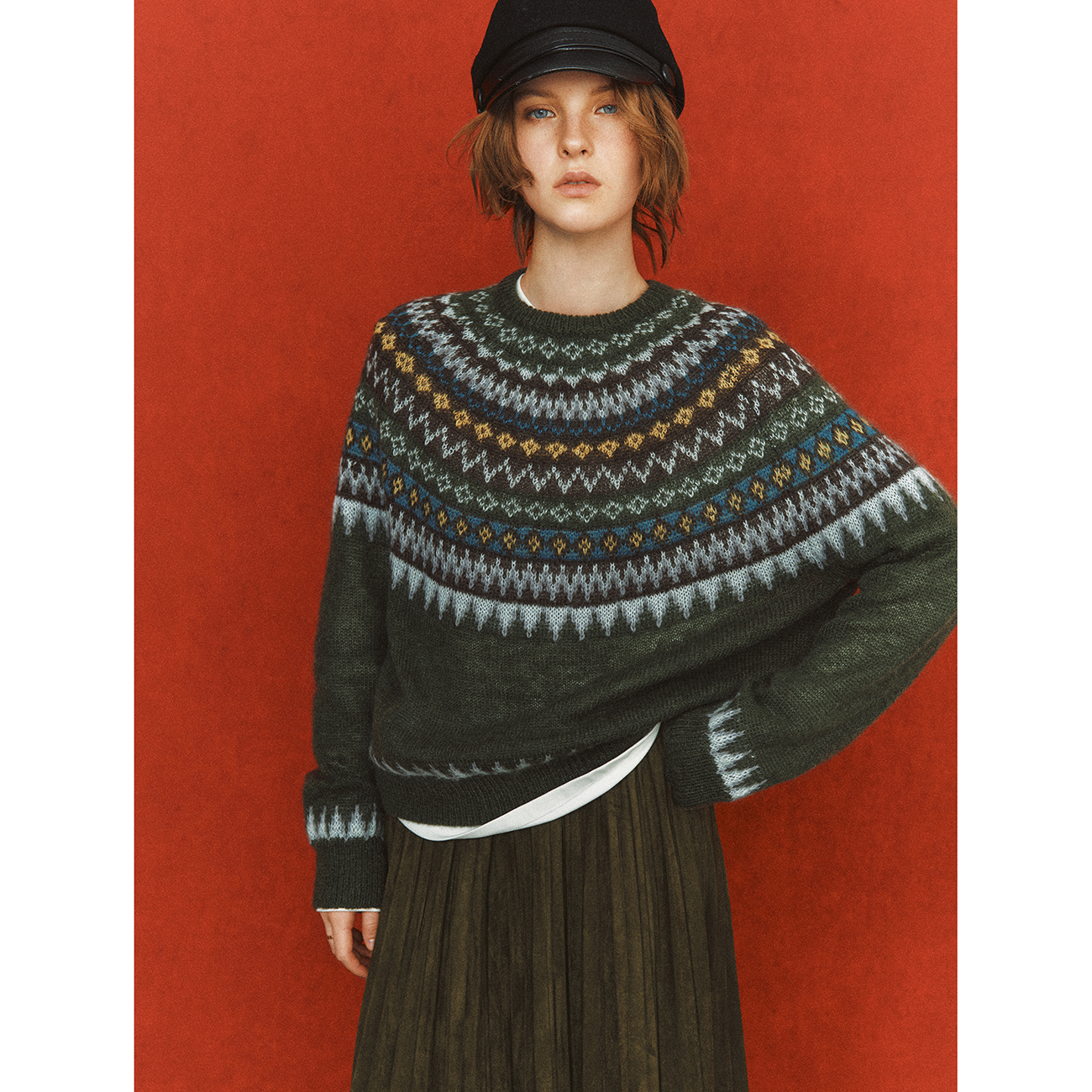 几何图案插肩袖羊毛马海毛毛衣