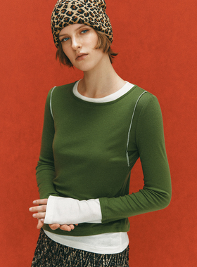 【假两件设计】招牌天丝羊毛 层次不对称撞色拼接针织打底衫上衣