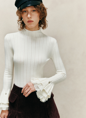 【会呼吸的显瘦魔法】宫廷风层次感喇叭袖收腰坑条针织打底衫女