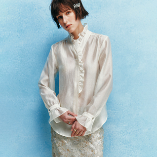 高级暗纹提花 浪漫 法式 花边领花瓣袖 衬衣 捏褶衬衫 维多利亚式