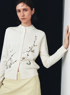 【罗浮梦】2/60支精纺羊毛 重工桃花蝴蝶刺绣立领长袖针织开衫女
