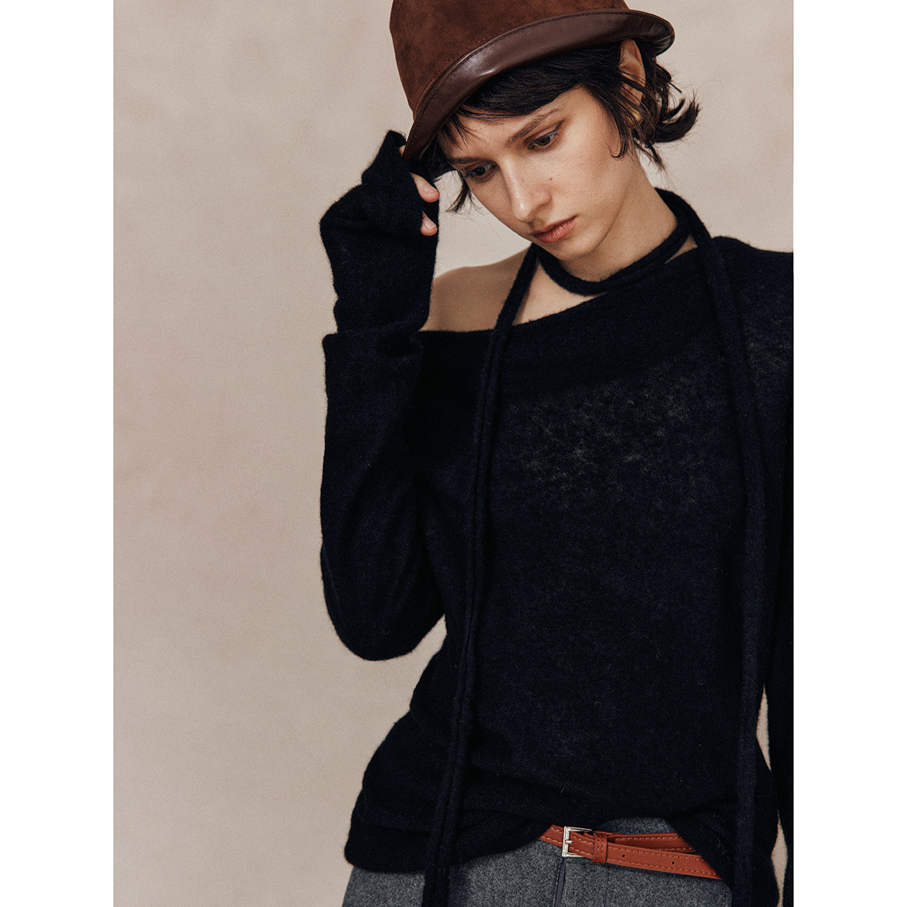 松弛感卷边小腊肠飘带针织衫上衣