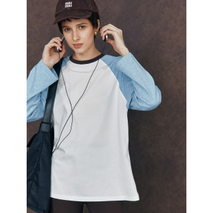 清爽蓝白撞色插肩袖 显瘦神器 笑脸刺绣纯棉T恤女 多肉妹子入