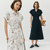 系带收腰花卉印花衬衫 连衣裙 精梳棉 翻领连肩袖 走秀款 桑蚕丝