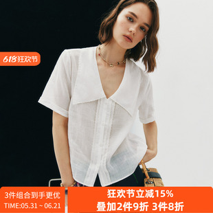 【轻盈无压力】1OO%苎麻 凉爽亲肤透气通透感法式短袖衬衫上衣女