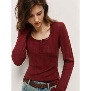 一眼微醺 显瘦针织衫 法式 重工精美镂空钩花亨利领修身 女 孤品