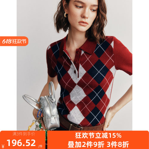 【学院派乖乖女】1OO%羊毛 简约通勤POLO领菱格纹提花针织衫女