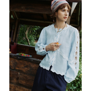 度假风水溶蕾丝花边拼接镂空针衫 法式 1OO%亚麻 上衣 圣托里尼