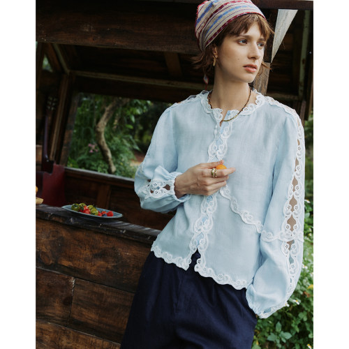 水溶蕾丝花边拼接镂空针衫上衣