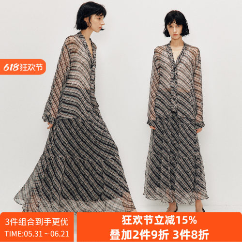 飘带领格纹衬衫+蛋糕裙半裙套装