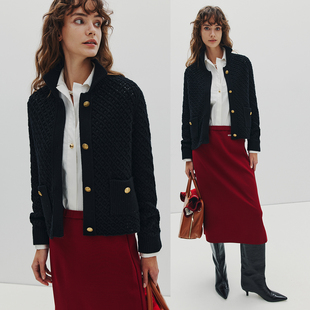 翻领金扣针织开衫 法奢 不撞衫 精致VTG 菠萝镂空钩花