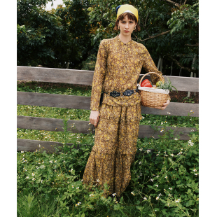 薄如蝉翼 衬衣 敲高支薄棉 度假风藤蔓印花衬衫 蛋糕裙套装 法式