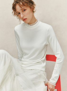 【無限回购】面膜打底衫 透明网纱花边领罗纹修身显瘦针织衫上衣