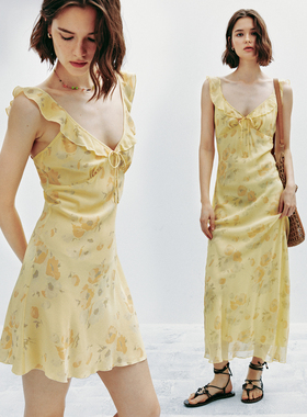 【现货】1OO%真丝 度假风荷叶边领收腰印花连衣裙长短款