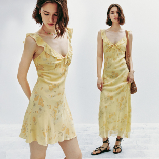 度假风荷叶边领收腰印花连衣裙长短款 1OO%真丝 现货