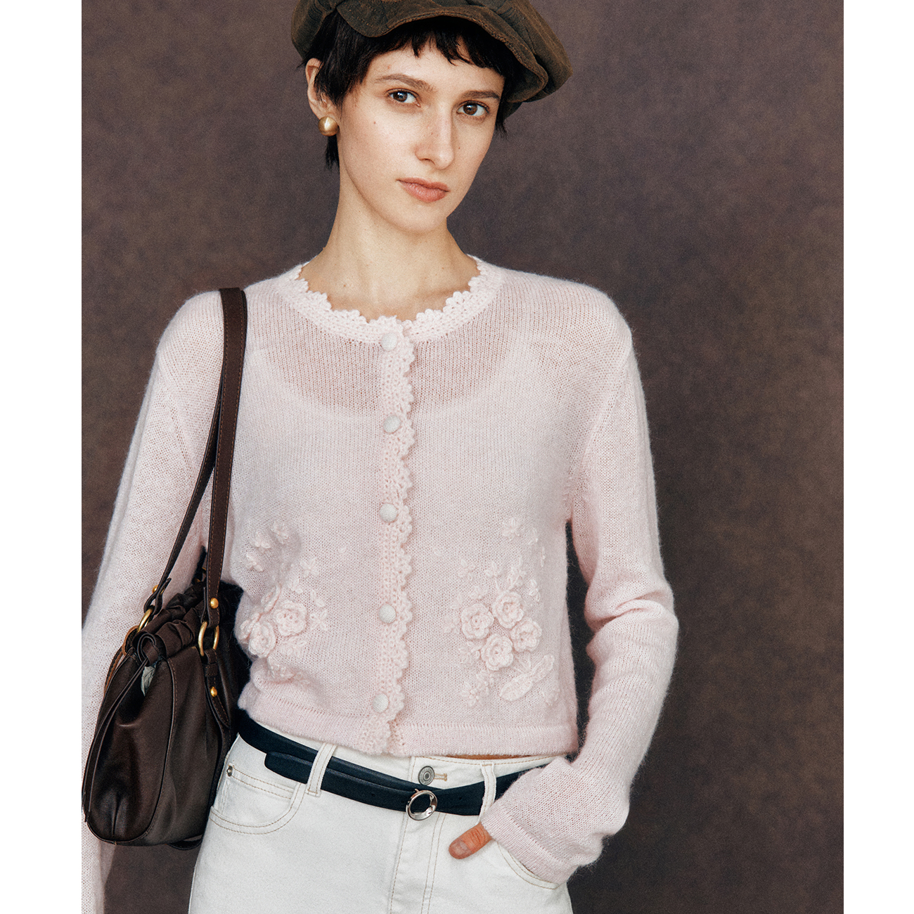 花边领花朵装饰针织开衫上衣