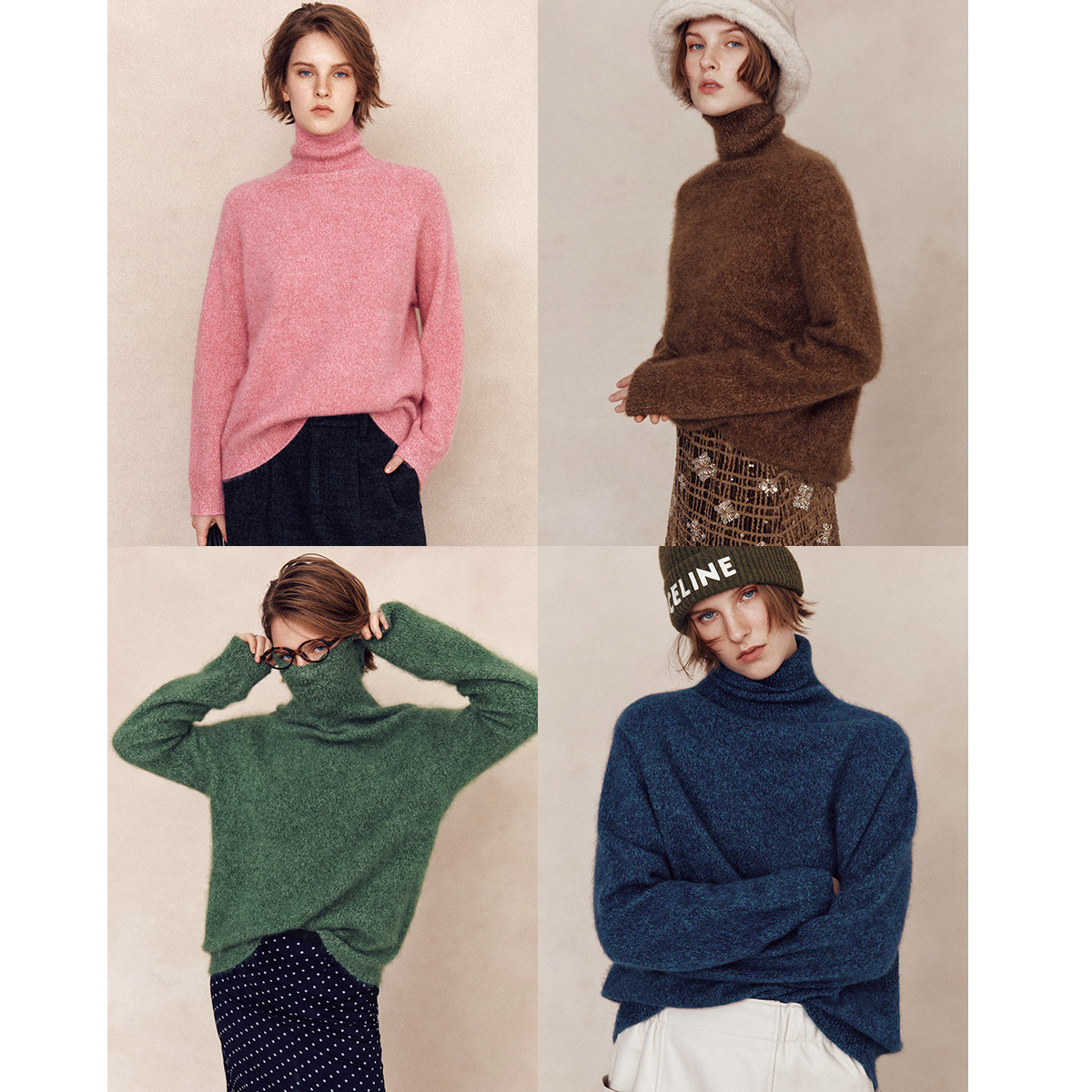 经典高领插肩袖花纱针织衫毛衣