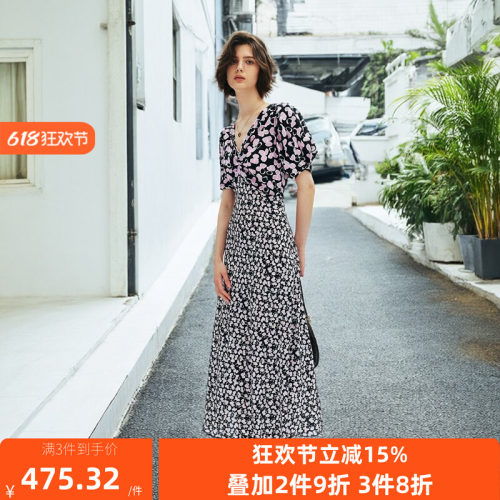 100%桑蚕丝法式V领收腰茶歇裙
