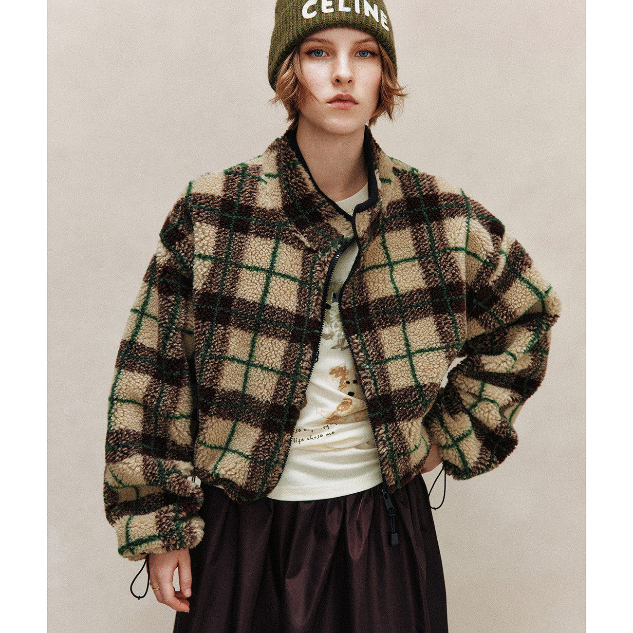 立领拉链宽松落肩格纹羊羔毛外套