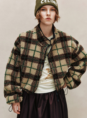 【温暖实穿百搭】绵羊毛 立领宽松落肩格纹加厚款羊羔毛夹克外套