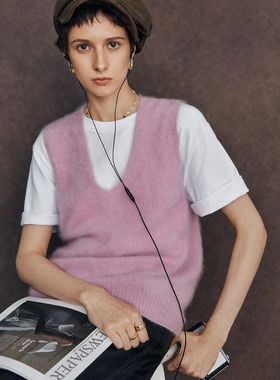 【叠穿乐趣】绵羊毛羊绒 超好看粉色V领拉绒针织叠穿马甲背心上衣